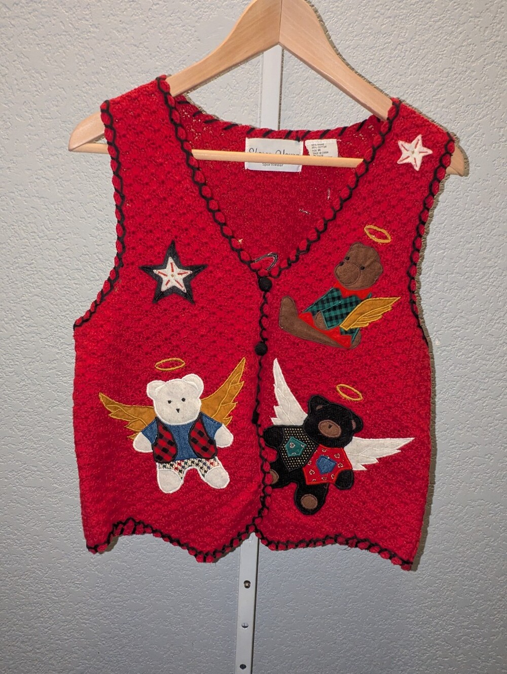 Vintage Sharon Young 90s Christmas Angel Teddy Bear Sweater Vest Med.
